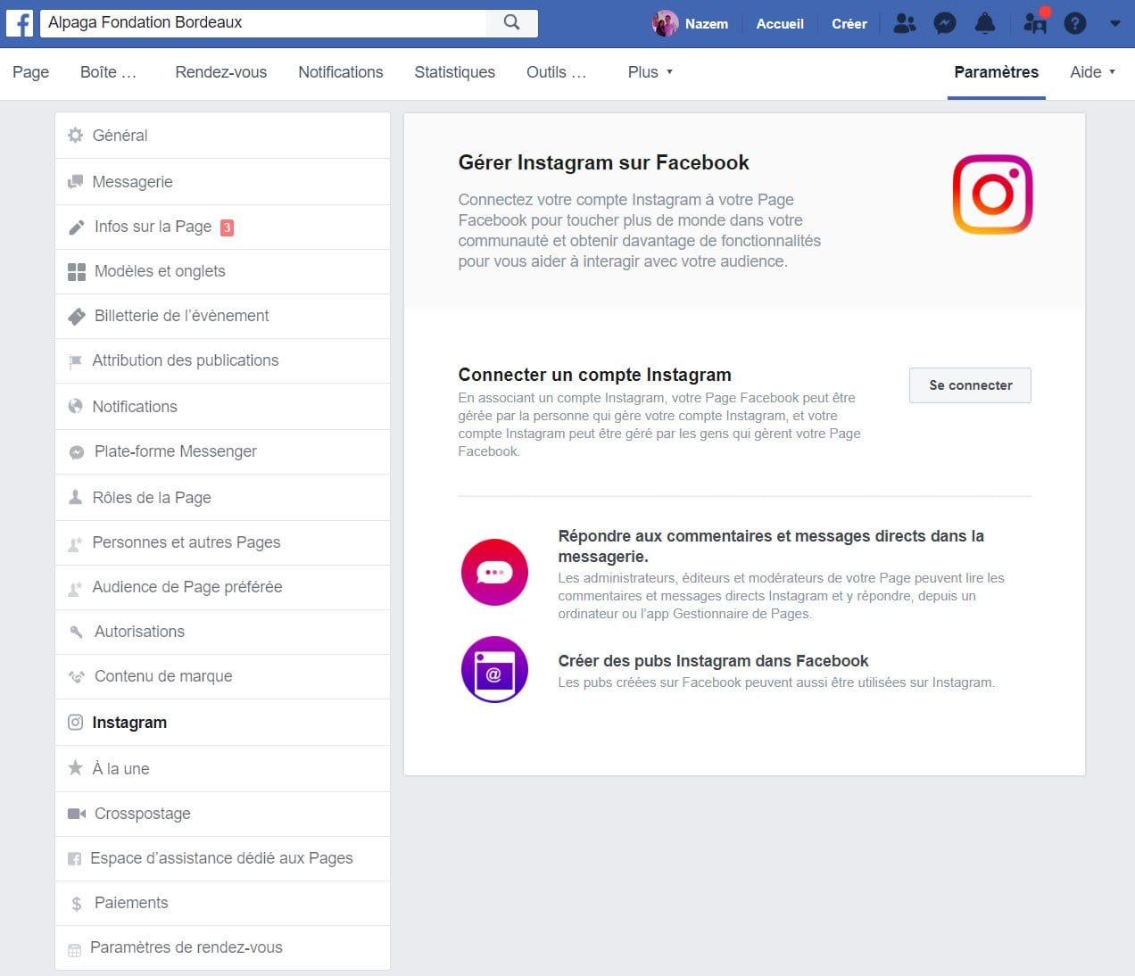 lier compte facebook instagram page profil pro