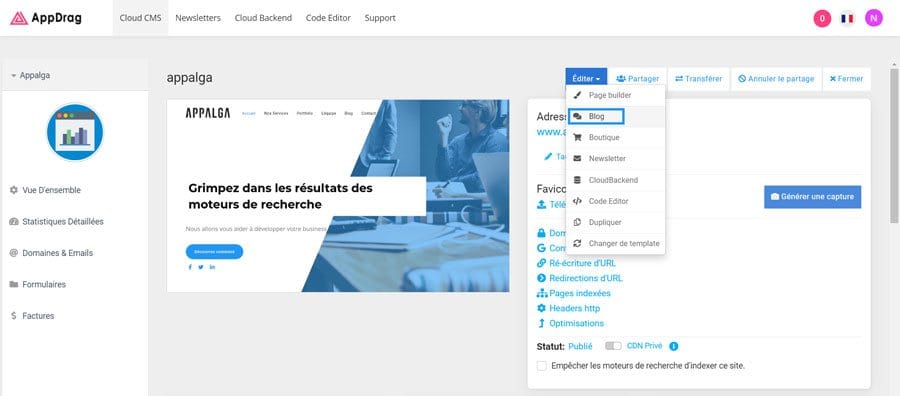 accéder outil blog via dashboard appdrag appalga