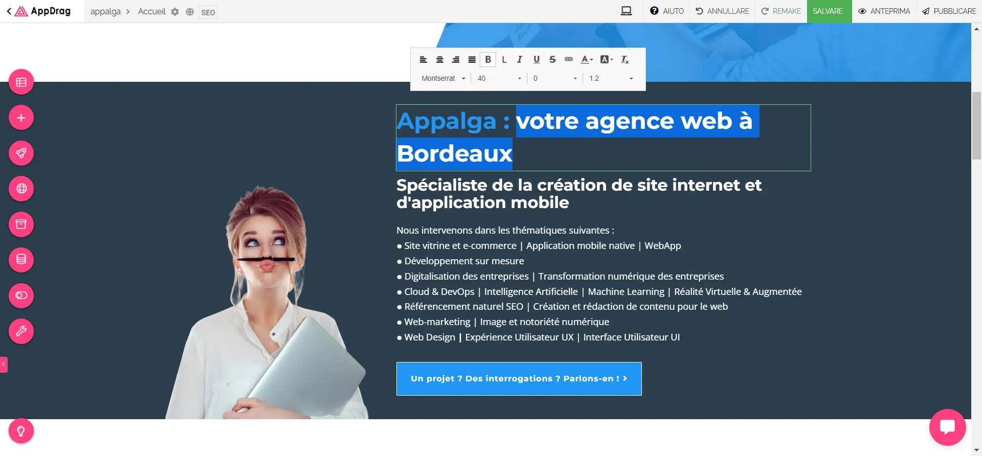 changer ses textes site internet appdrag